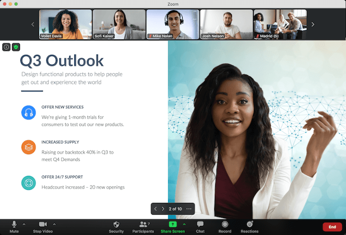Zoom meeting of a group with one sharing a screen with a business report entitled, "Q3 Outlook".
